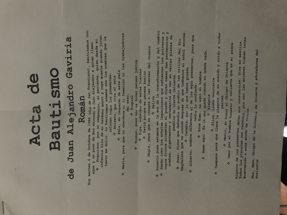 Acta de bautizo de Juan Alejandro Gaviria